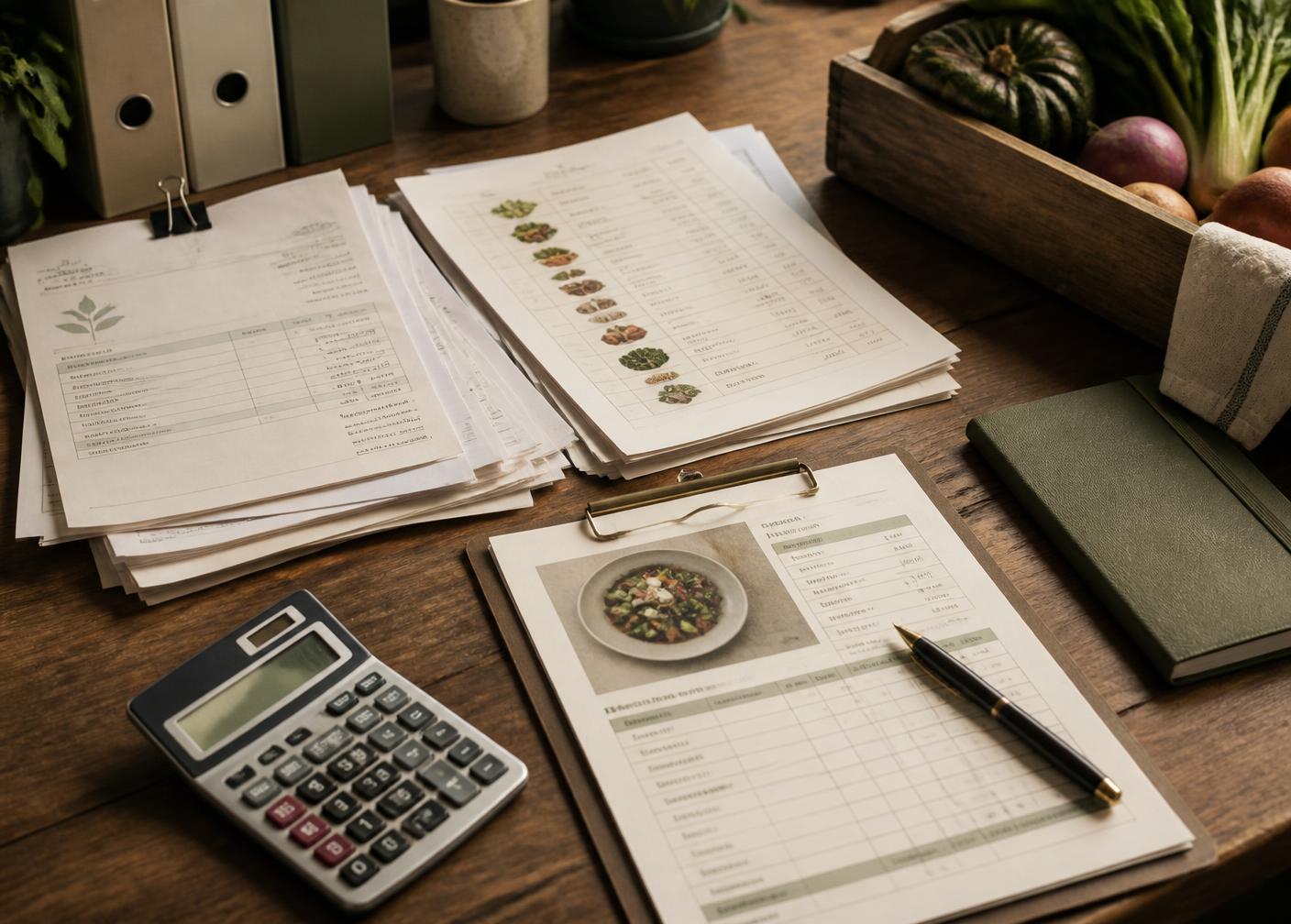 Supplier invoices, a price list and a printed recipe cost sheet on a restaurant office desk